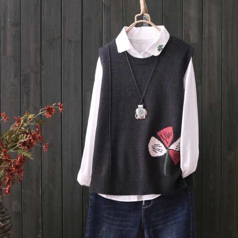 Áo Sweater Dệt Kim Không Tay Dáng Rộng Màu Sắc Tương Phản Phong Cách Retro Dành Cho Nữ