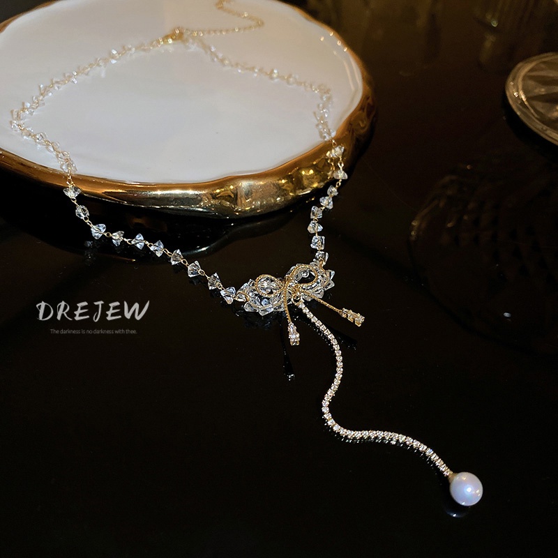 DREJEW Dây Chuyền Mạ Vàng Mặt Hình Nơ Đính Đá Zircon Thời Trang