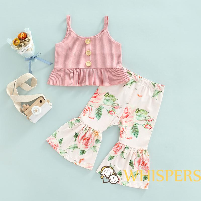 Set Áo Sát Nách + Quần Dài Ống Loe Họa Tiết Hoa Cho Bé