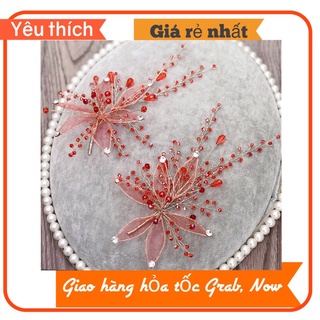 1 Cài Hoa lưới Cài Tóc Cô Dâu màu đỏ kết hạt pha lê