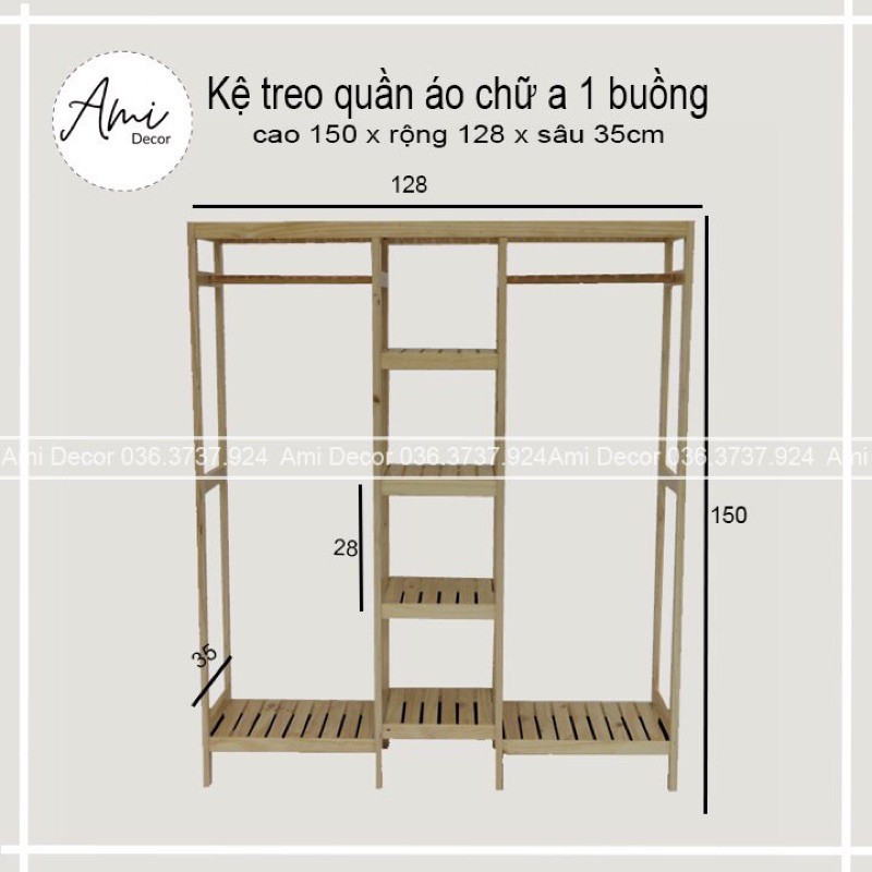 Tủ, kệ treo quần áo 3 buồng Hàn Quốc - decor trang trí shop thời trang, phòng ngủ - tủ gỗ thông 150 x 128 x 35 cm