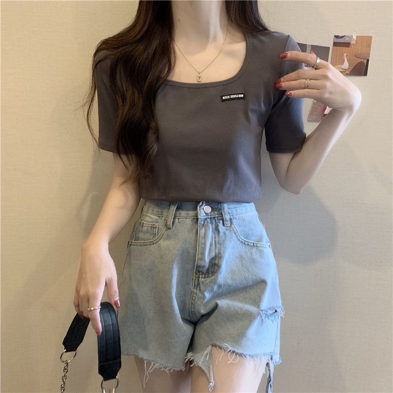 SUXI Áo Thun Tay Ngắn Cổ Vuông Màu Sắc Đơn Giản Cho Nữ