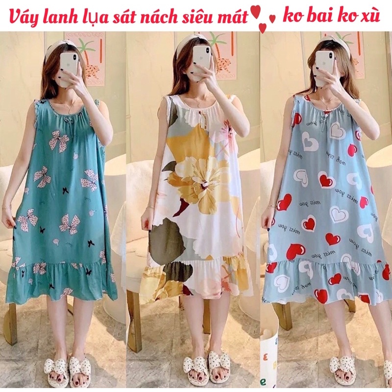 Váy lanh, váy ngủ, váy bầu sát nách phối bèo dễ thương, hoạ tiết trẻ trung, trang nhãh