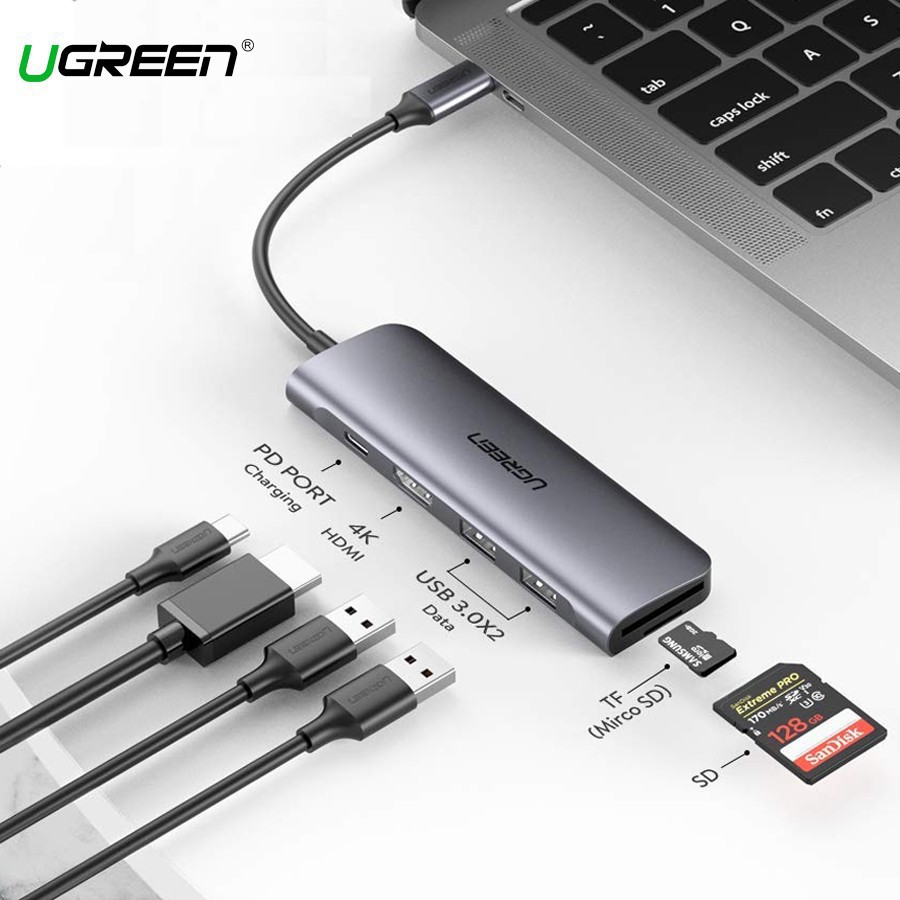 Hub UGREEN Usb-C 6 in 1 Sang HDMI 4K,2 USB 3.0 Ports,SD/TF Card Reader,100W PD 70411