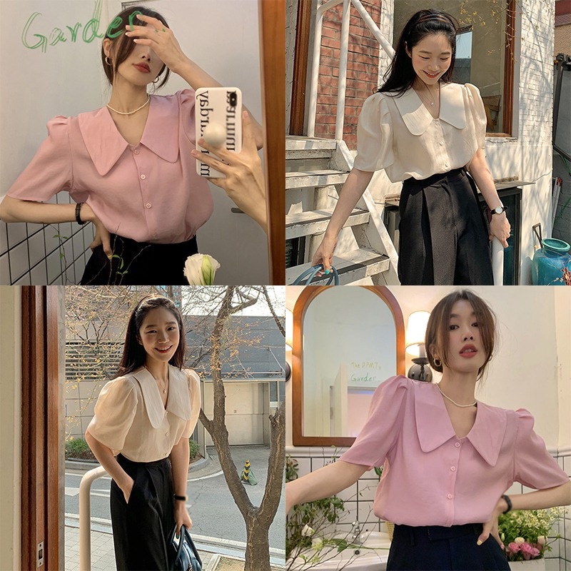 Áo Sơ Mi Ngắn Tay Cổ Búp Bê Màu Sắc Ngọt Ngào Thời Trang Mùa Hè Cho Nữ