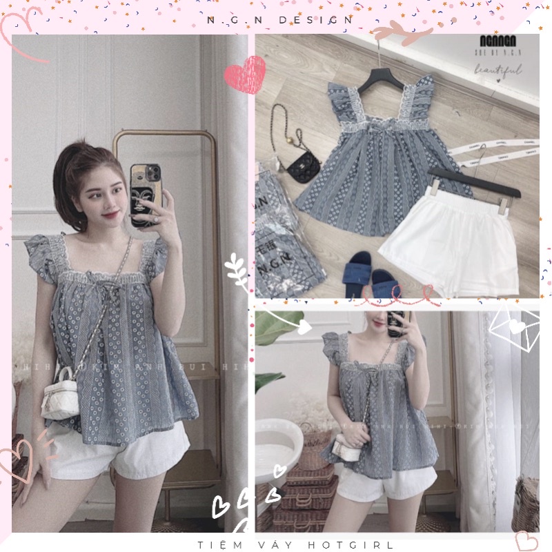 Set style Hàn Quốc S.0001, Set áo babydoll hai dây nơ bèo thêu hoa và quần short trắng cực xinh