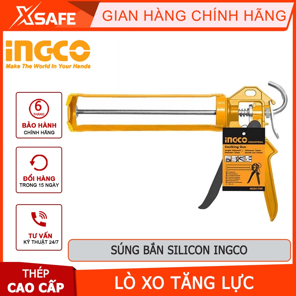 Súng bắn silicon INGCO Dụng cụ bơm silicon lò xo tăng lực, đường kính ống 55mm, tấm đẩy đôi, tay cầm đàn hồi nhẹ dễ bóp