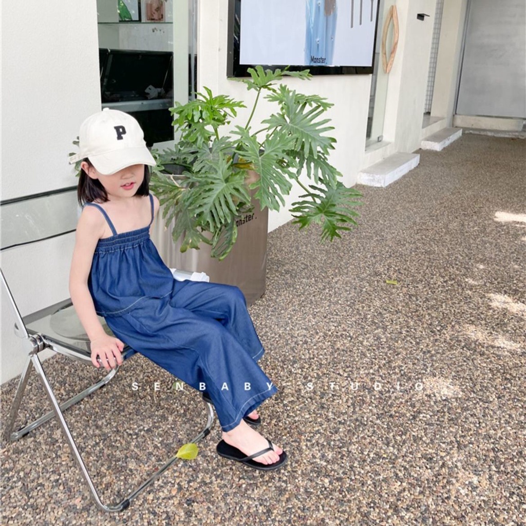 Bộ Áo Hai Dây + Quần Denim Mỏng Ống Rộng Thời Trang Hàn Quốc Cho Bé Gái