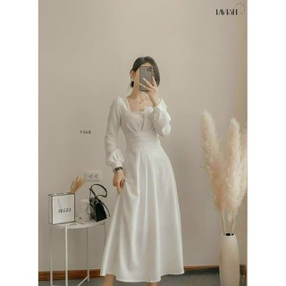 10035 đầm trắng cổ dập bo eo