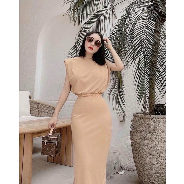 Set áo cánh dơi nhún eo kèm chân váy xẻ tà bên y hình chất thun co giãn - 4 màu