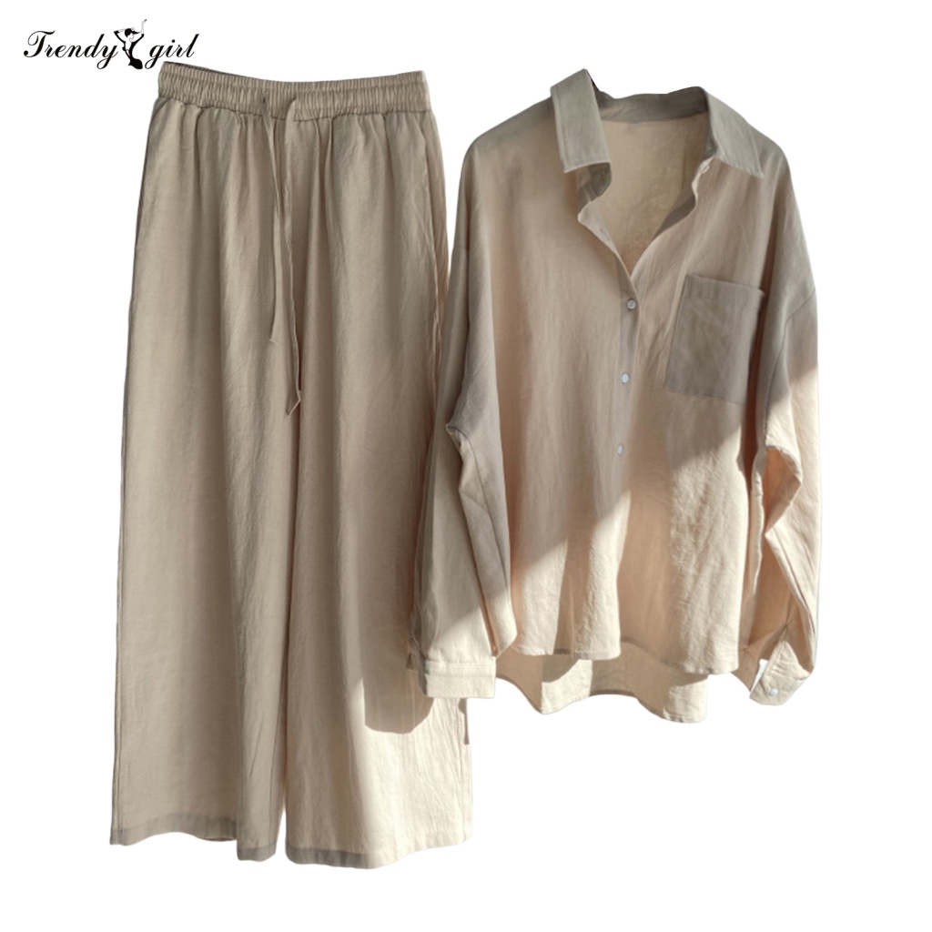 Bộ Áo Sơ Mi Dài Tay + Quần Dài Lưng Thun Phối Nút Thời Trang Cho Nữ