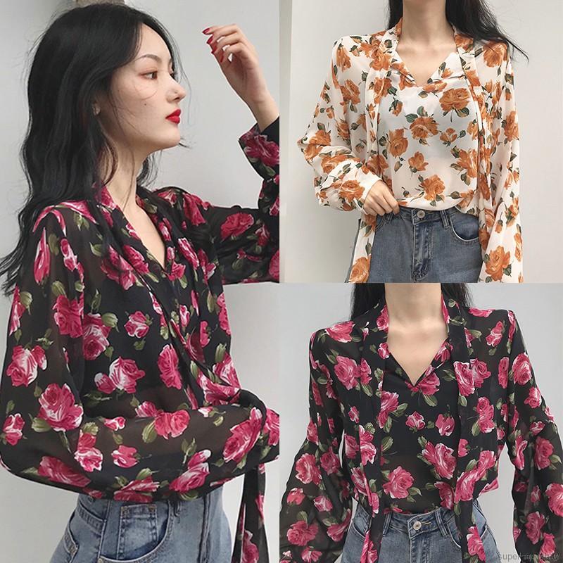Áo kiểu cho nữ bằng vải chiffon xẻ cổ chữ V in hoa gợi cảm