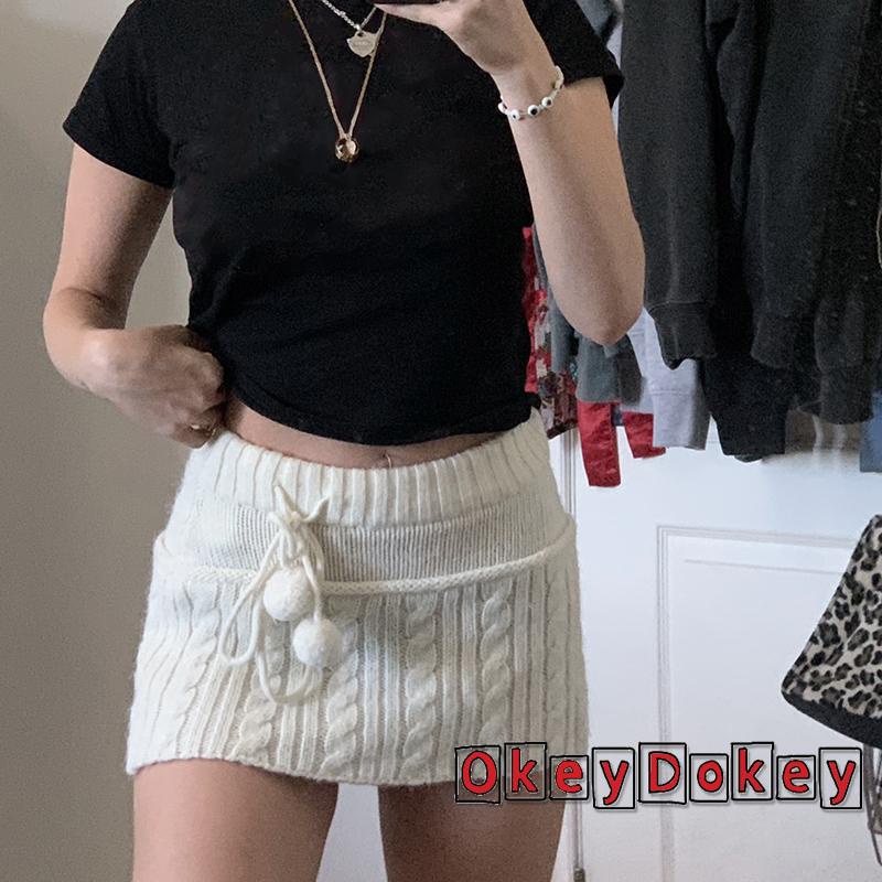 OKDK-y2k Chân váy ngắn đan eo thiết kế dây rút eo thấp cho nữ