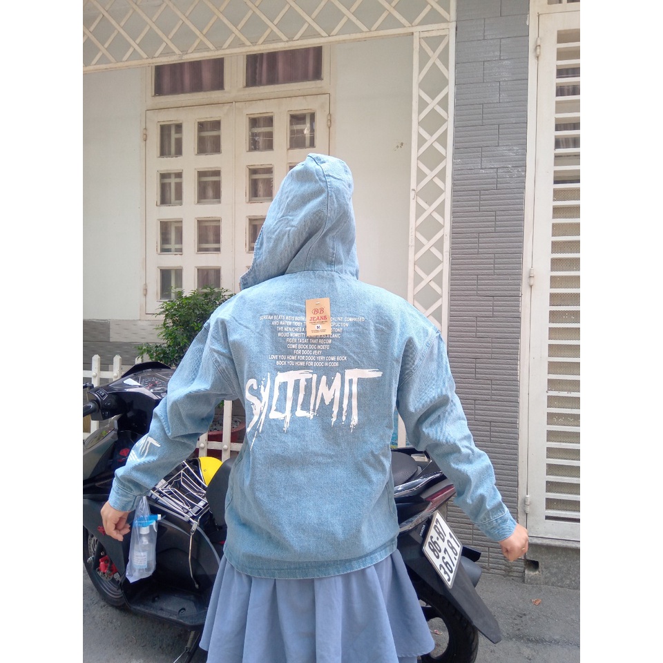 Áo khoác jeans nữ có mũ màu đen dây kéo form rộng Limit có túi trong 2 lớp cao cấp chỉ có tại Panda