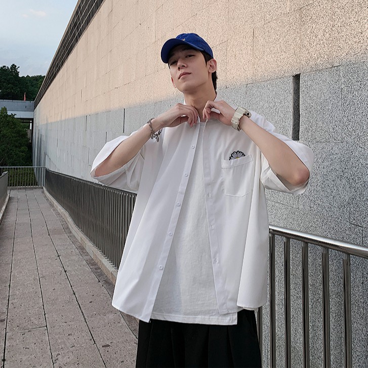 Korean Style Chrysanthemum Embroidery Short Sleeve Shirt For Men | BigBuy360 - bigbuy360.vn