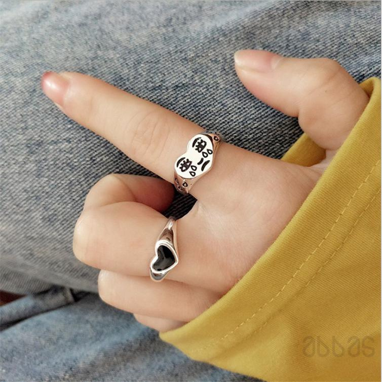 [Abbas] Mới tình yêu màu đen đơn giản trang thời nhẫn nữ phụ kiện mở nước mắt biểu cảm cổ điển ngón trỏ đeo nhẫn tay trang sức