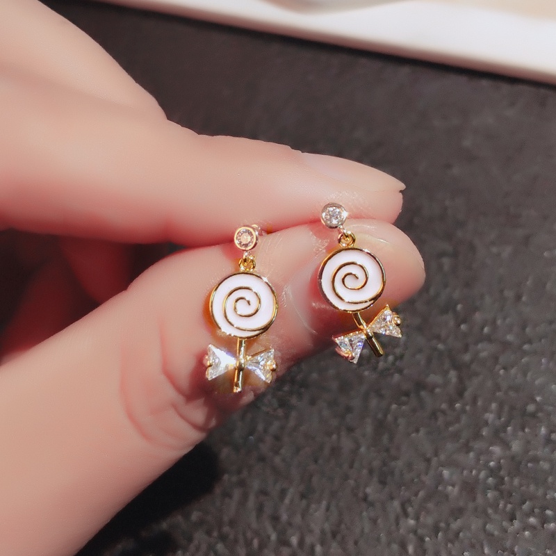 Khuyên tai JIUDUOLAN dạng kẹp/ xỏ mặt kẹo mút và nơ đính đá zircon sáng bóng không gây dị ứng thời trang
