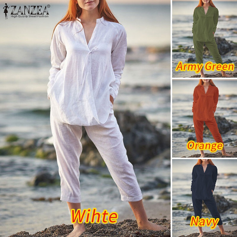 Zanzea Set Áo Cổ V Dài Tay Kèm Quần Dài Ống Rộng Thời Trang Nữ