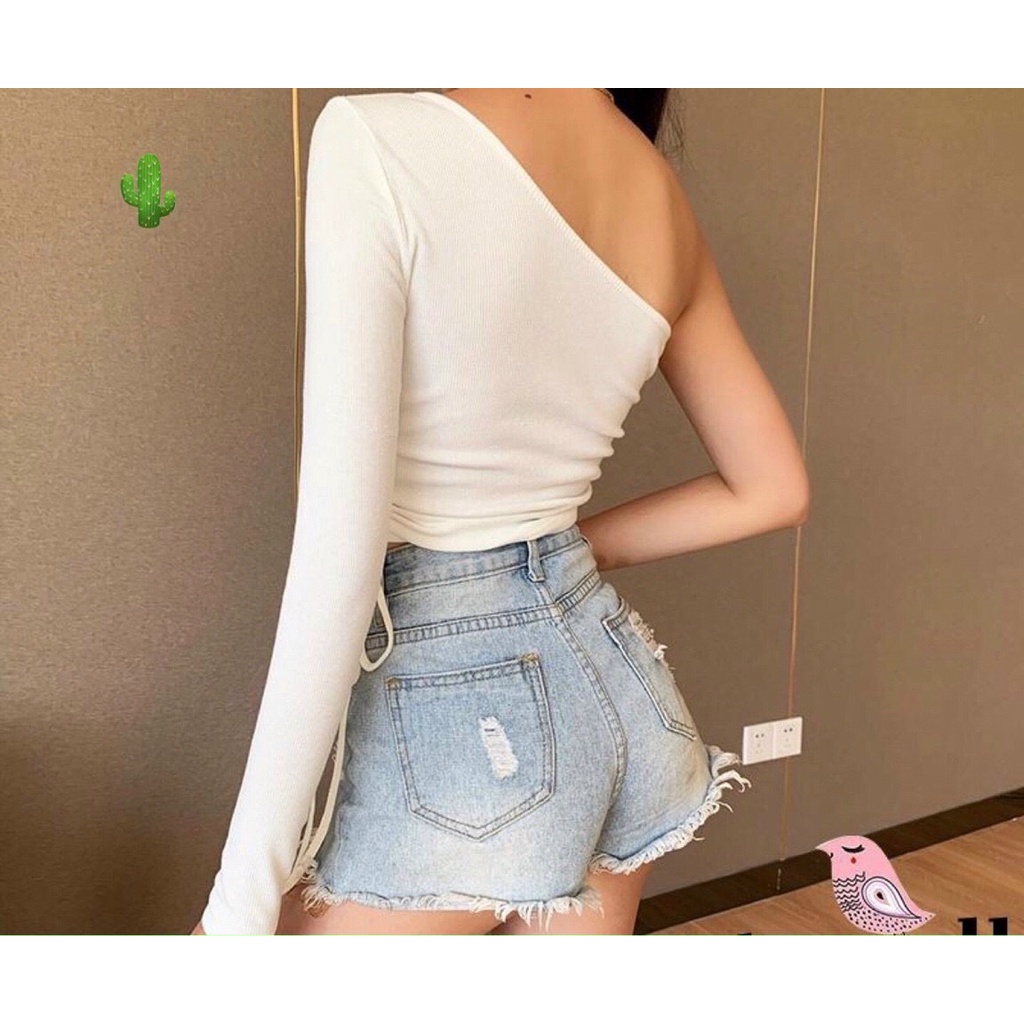 Áo kiểu chéo vai 1 tay body rút dây 2 bên cực xinh , chất thun gân mềm mịn pc