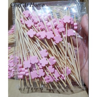 Que/xiên tre cắm thức ăn, trái cây hoa màu hồng [Bịch 100c] trang trí cocktail