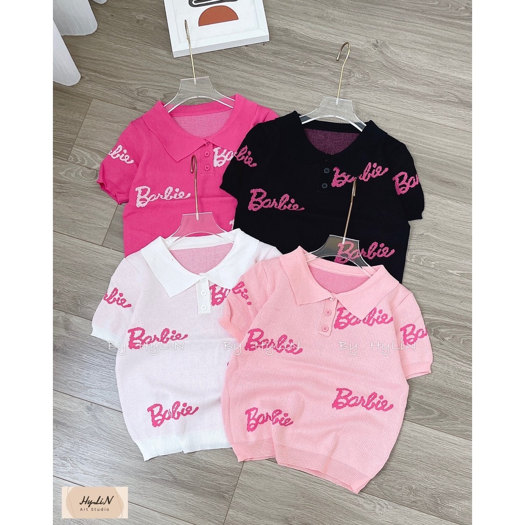 Áo polo len ngắn tay in nhiều chữ Barbie, Áo len cổ bẻ cài cúc AL8027 - NhiNhi Shop