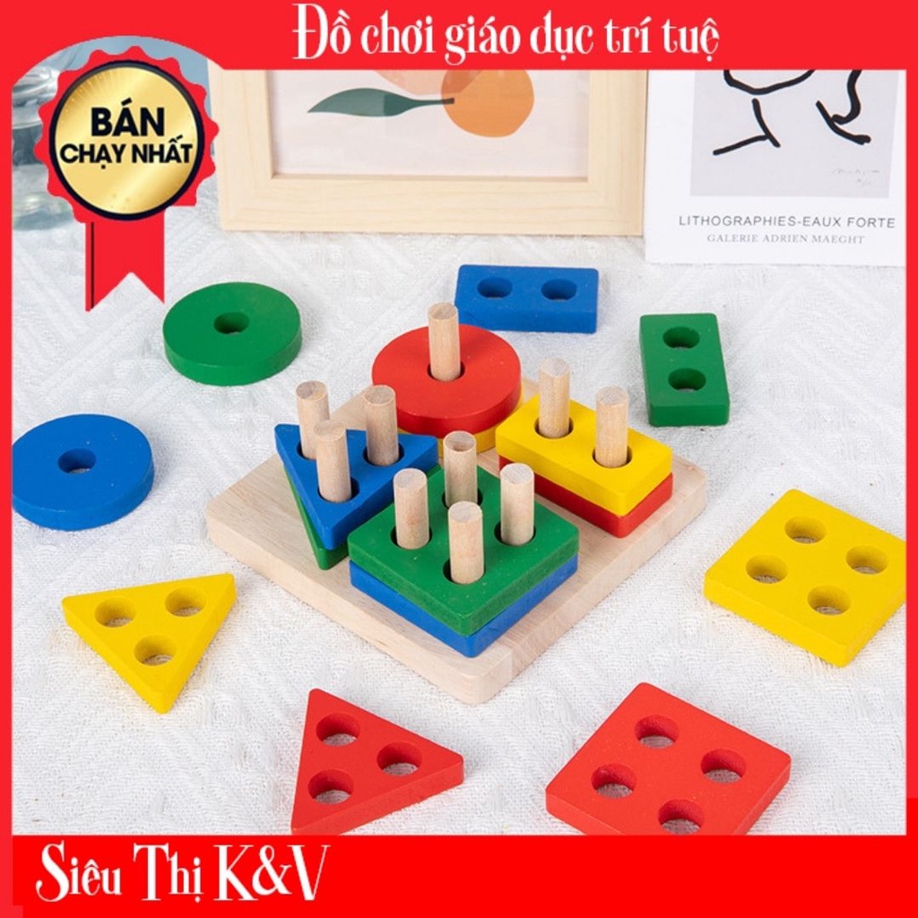Bộ xếp hình thả khối 4 cọc bằng gỗ - đồ chơi gỗ