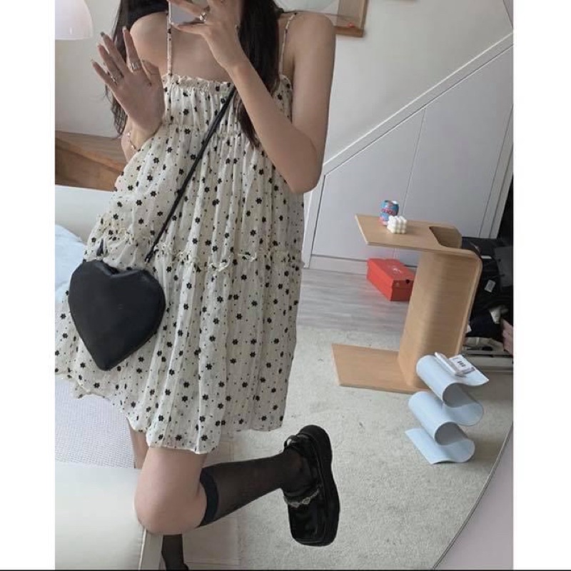 Đầm hai dây kiểu ngắn nữ peplum voan tầng bèo chấm bi suông - Order taobao quảng châu