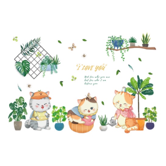 Decal trang trí tường - Những chậu cây xanh và 3 chú mèo