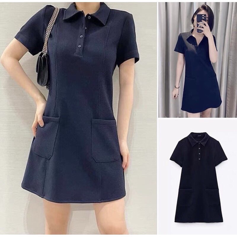 Váy polo xanh than, cổ đức, Đầm dáng che bụng chất thun da cá thấm hút mồ hôi