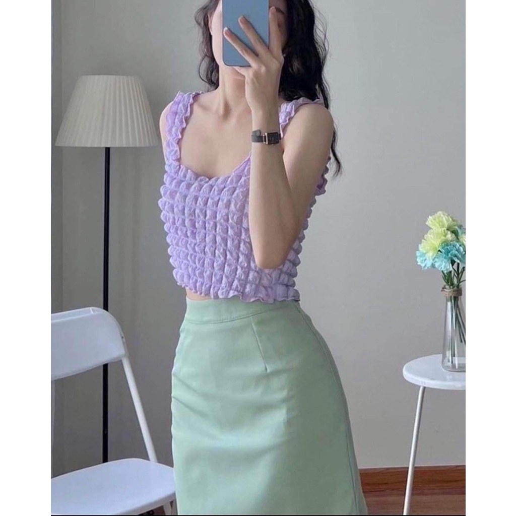 Áo Cổ Vuông Hai Dây Dáng Croptop Chất Xốp Phồng Siêu Hot