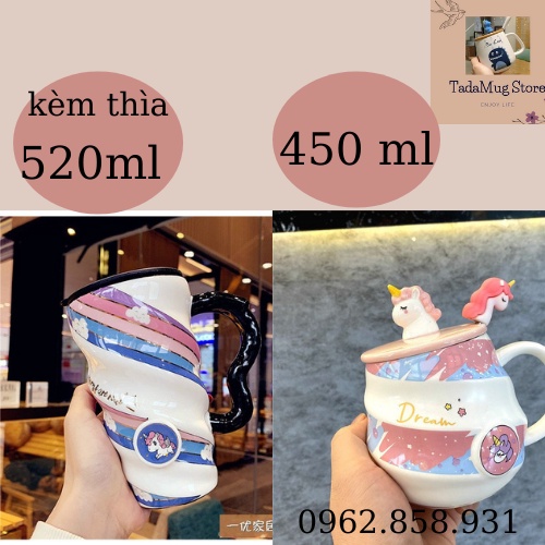Cốc sứ hình kỳ lân sáng tạo dễ thương cốc cà phê dâu tây kèm nắp và thìa dung tích 520ml