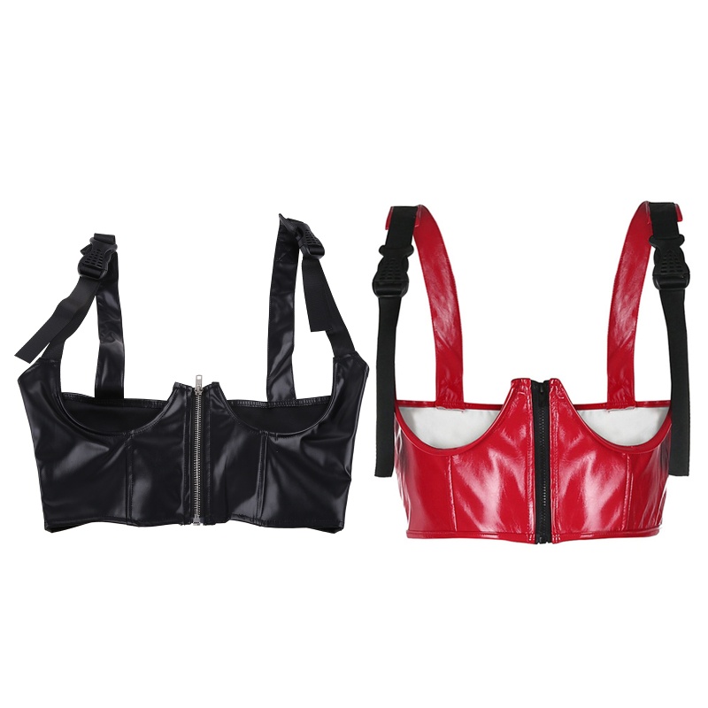 Áo Croptop Giả Da Phối Khóa Kéo Trước Dạng Hở Phong Cách Gothic Harajuku Punk Cho Nữ
