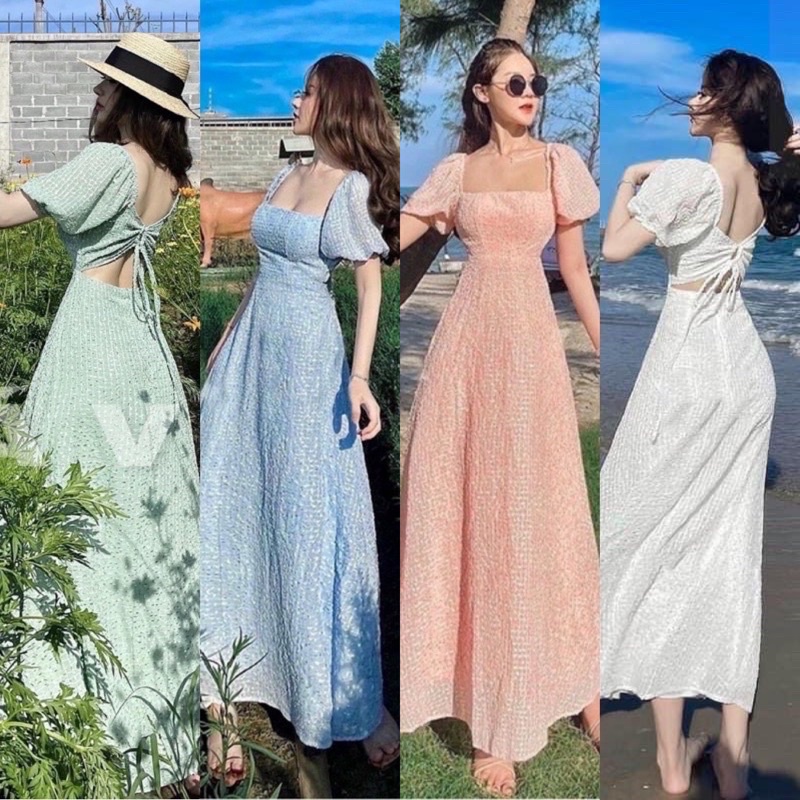 🛍 Đầm Maxi đi biển Cut-out lưng Cổ vuông Mút ngực tay phồng sexy Kèm hình thật nhà Na House Cosmetic Clothes 🛍