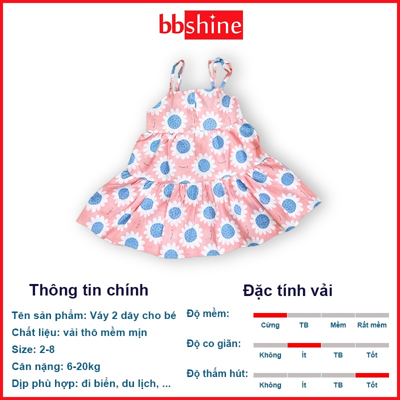 Váy 2 dây cho bé, Đầm cho bé 6-22kg chất thô mềm dáng xòe phối cúc cài xinh xắn BBShine – D086