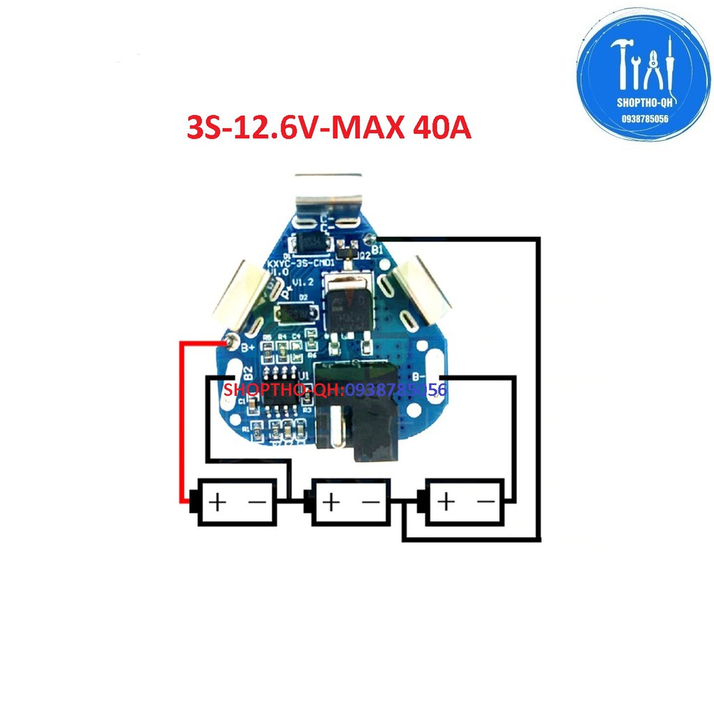 Mạch sạc và bảo vệ pin 3S 12.6V, mạch tam giác, giắc sạc adapter.