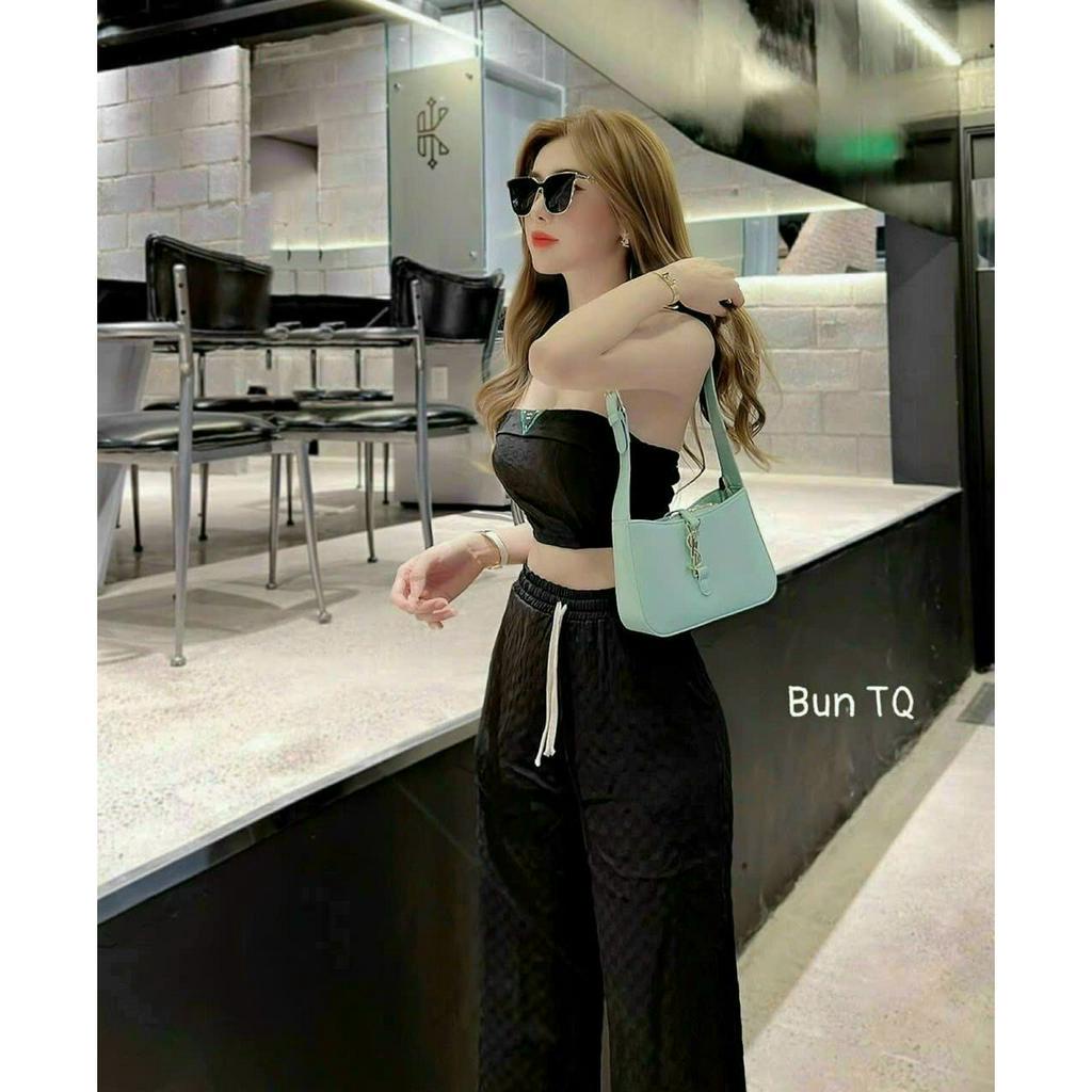 Set bộ hot girl chất gân nổi cao cấp sành điệu áo frop top quần lưng thun co dãn
