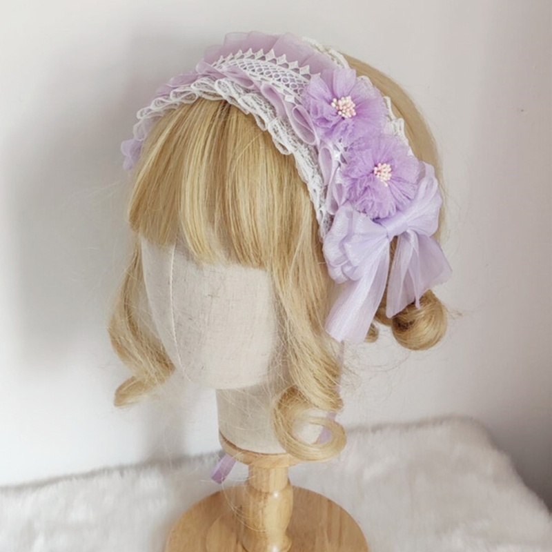 Băng đô ruy băng dài phối vải ren nhiều lớp đính nơ hoa phong cách lolita tiệc tùng dành cho nữ