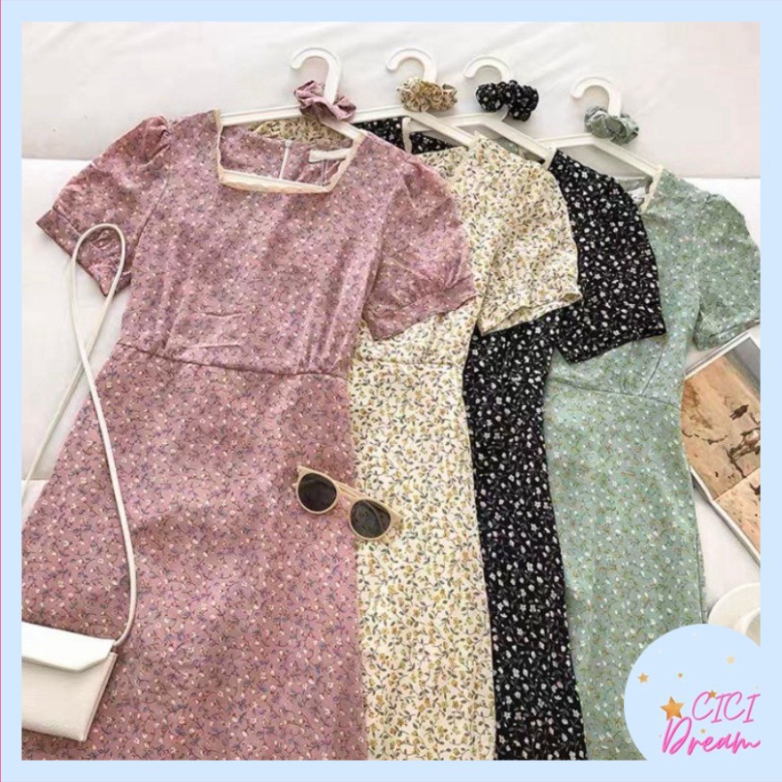 Đầm - váy hoa nhí cổ vuông phối ren tay ngắn kèm chun babydoll, Đầm - váy hoa nhí cổ vuông cộc tay vintage đi biển