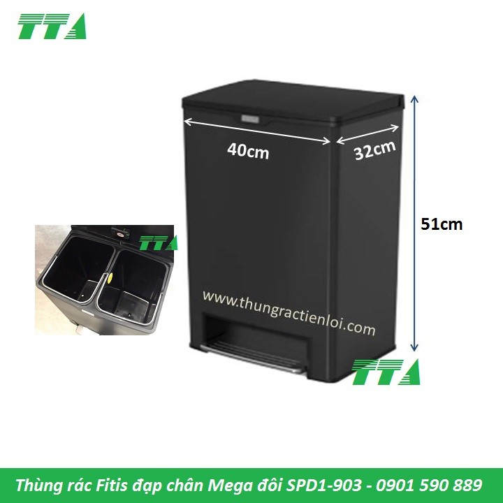 Thùng rác Fitis Mega đôi ( 2 ngăn) vuông đạp chân  -  SPD1-903