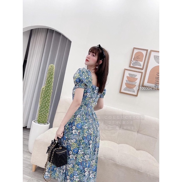 Đầm hoa cổ vuông tay phồng