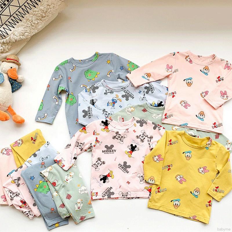 Bộ Pijama Cotton Dài Tay + Quần Dài In Họa Tiết Hoạt Hình Cho Bé