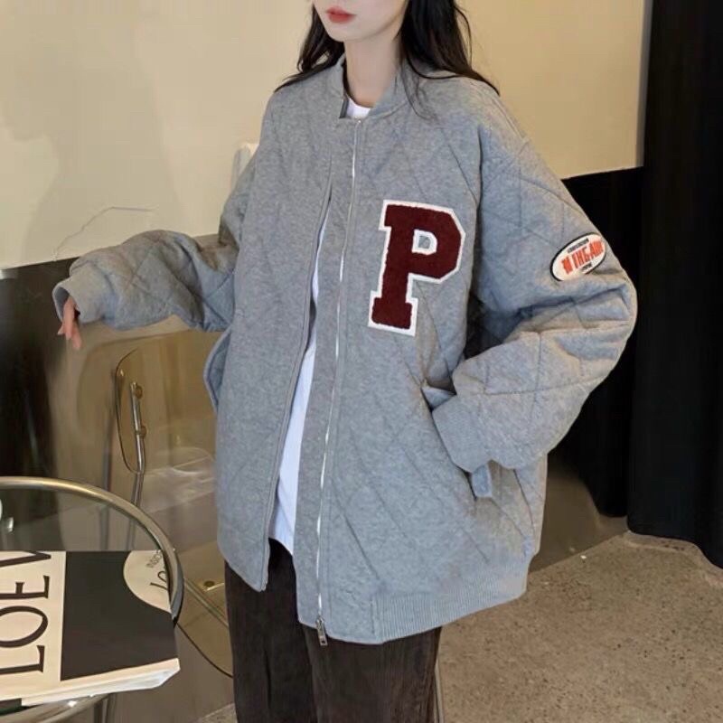 Áo Khoác Bomber Chữ Thêu Trần Bông