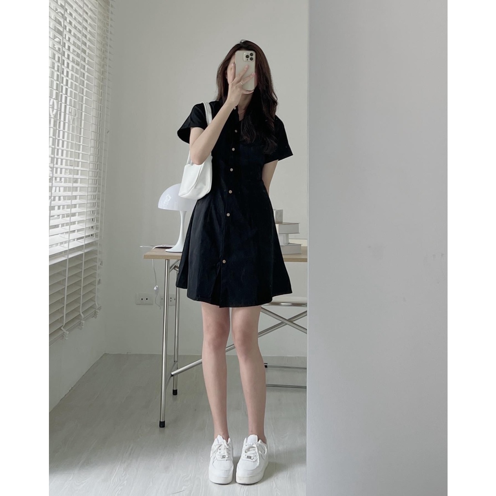 váy sơ mi thô mềm cộc tay chiết eo lưng chun siêu xinh