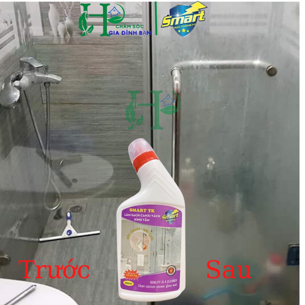 Tẩy cặn canxi vách kính nhà tắm Smart, làm sạch gương kính, vách kính phòng tắm