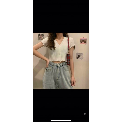 Áo Croptop thun gân lên tay ngắn , Crottop nút gài phông nữ 38-55kg