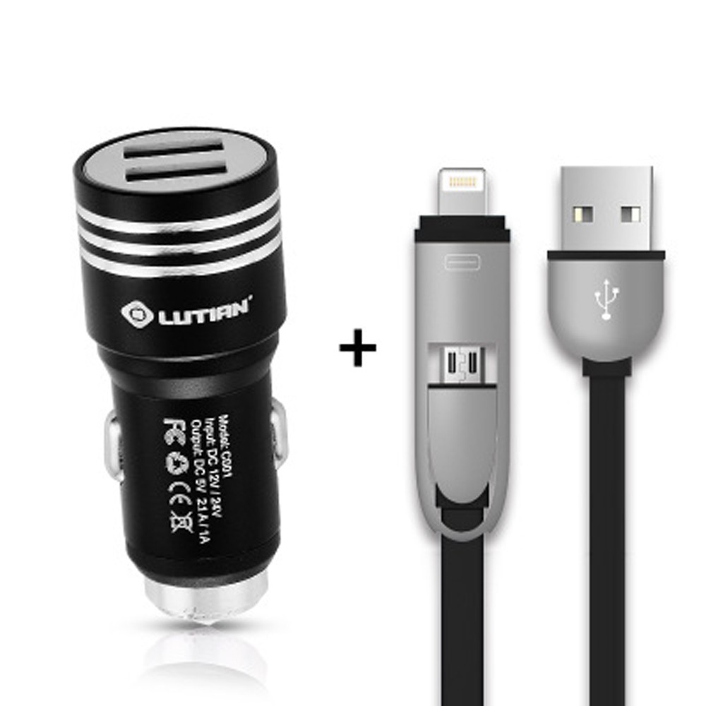 Tẩu sạc 2usb chính hãng Lutian kiêm búa phá kínhTặng ngay dây sạc thông minh Lutian siêu dai