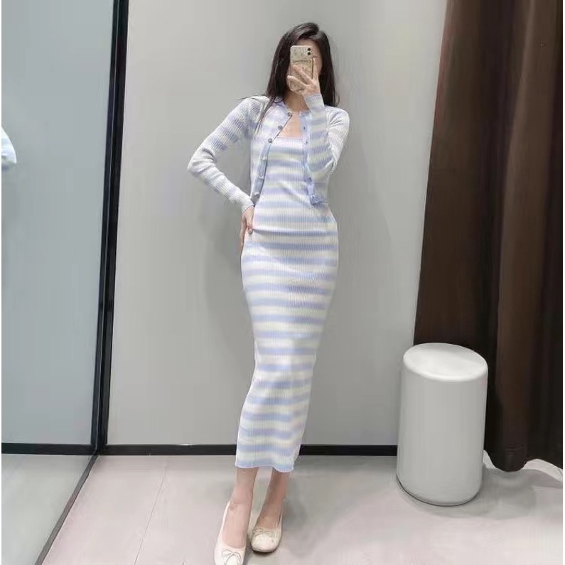 Set đầm len tăm ôm body hai dây và áo khoác cardigan