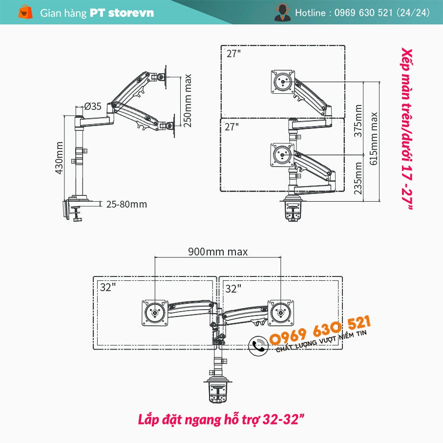 [Xếp Màn Trên Dưới] Giá Treo 2 Màn Hình - Model : NB H180 22-32 Inch New 2021 Gắn Bàn Xoay 360 Độ