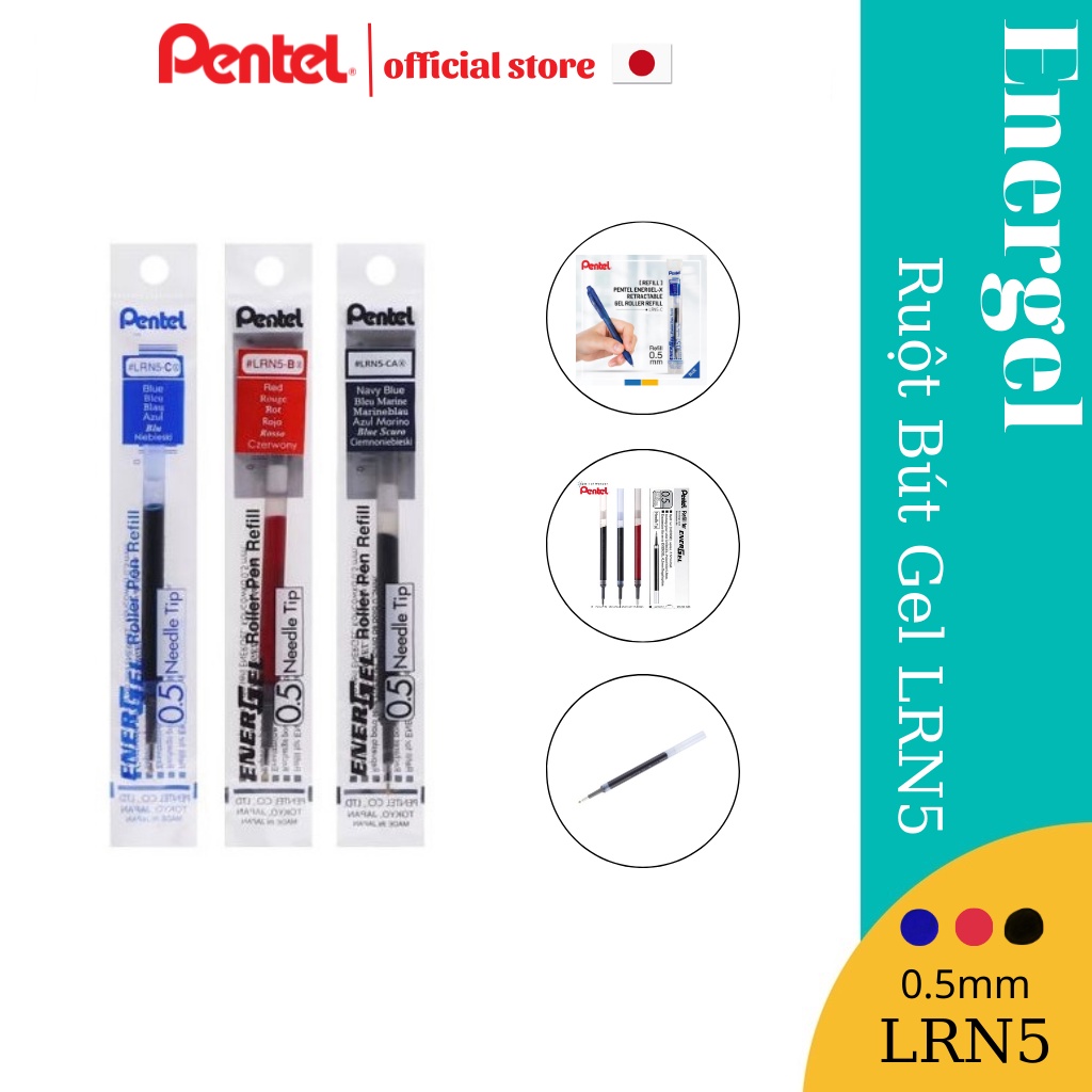 Ruột Bút Ký Mực Gel Pentel LRN5 Ngòi 0.5mm | 3 Màu Mực Xanh/ Đen/ Đỏ | Thay Mọi Loại Bút Gel Của Pentel