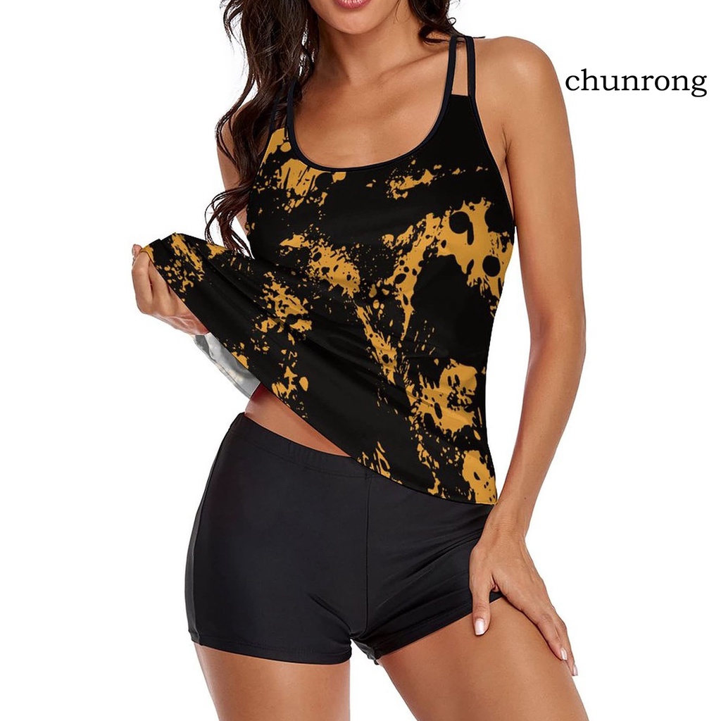 Bộ Đồ Bơi Áo Cổ Chữ U Không Tay Quần Short Lưng Cao In Họa Tiết Lá Dành Cho Nữ